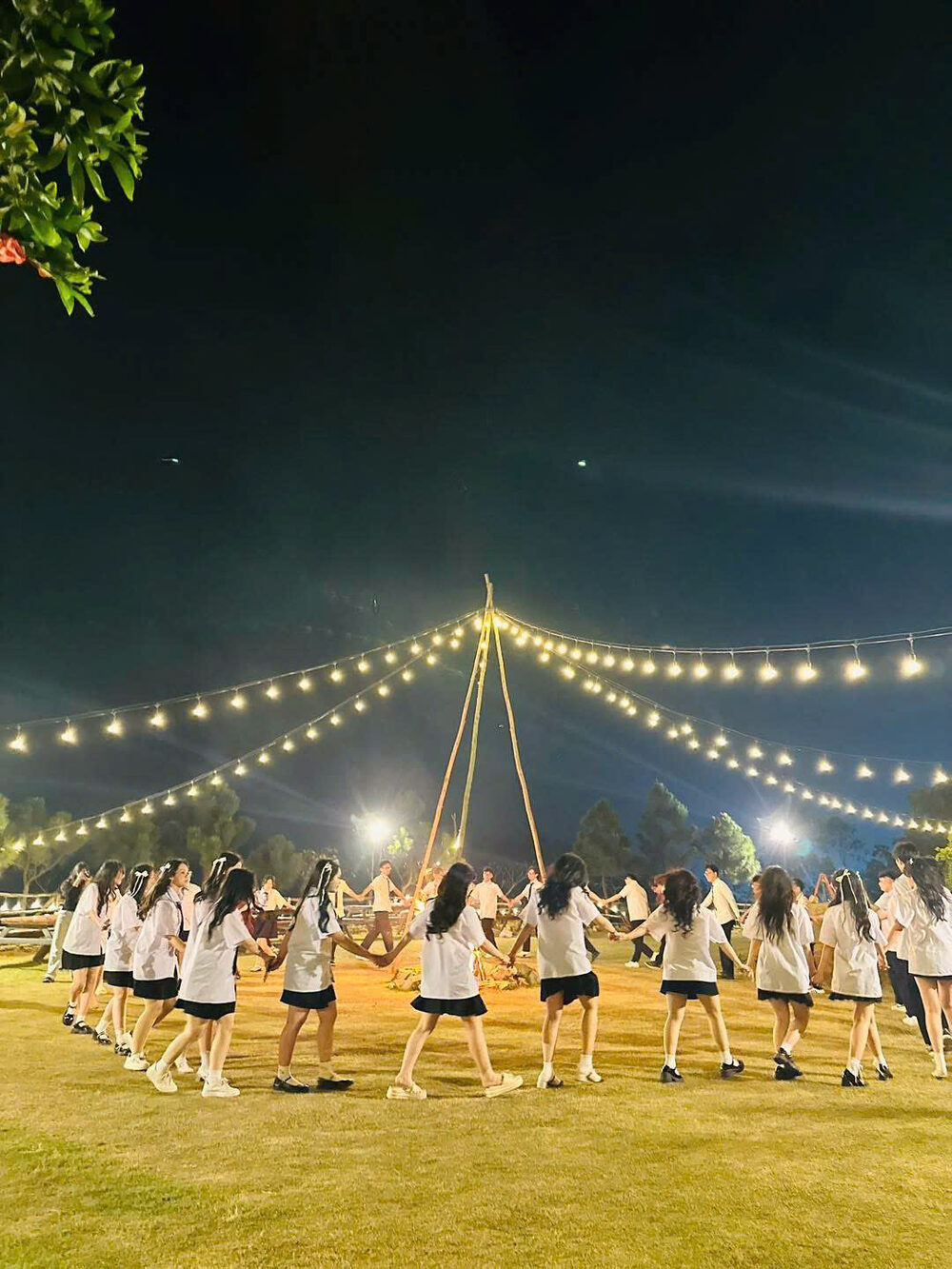 Tiệc lửa trại đêm bên đèn dây